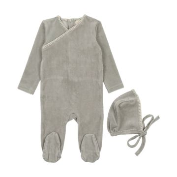 Mema Knits Velour Embroidered 3PC Set - Cream / Dove Blue Mema Knits Velour Embroidered 3PC Set - Cream / Dove Blue