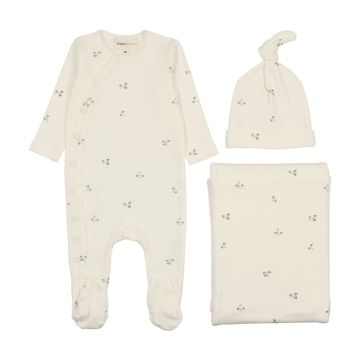 Mema Knits Picot Edge 3PC Set - Winter White / Pink Vine Print Mema Knits Picot Edge 3PC Set - Winter White / Pink Vine Print