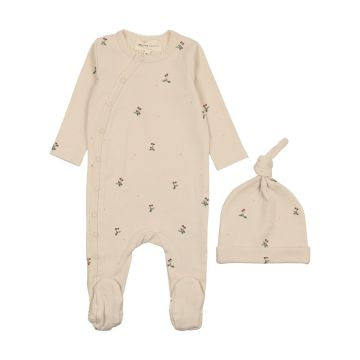 Mema Knits Picot Edge Footie + Beanie- Cloud/ Blueberry Print Mema Knits Picot Edge Footie + Beanie- Cloud/ Blueberry Print