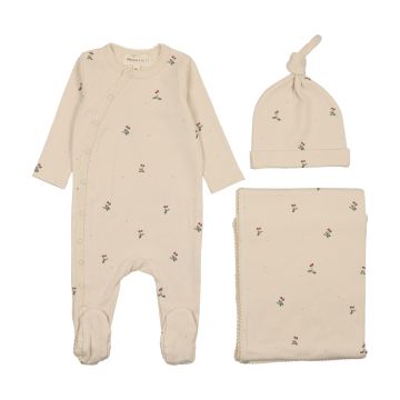 Mema Knits Picot Edge 3PC Set - Ecru / Cherry Print Mema Knits Picot Edge 3PC Set - Ecru / Cherry Print