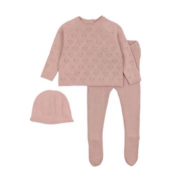 Mema Knits Heart Pointelle Knit 2 pc Set + Beanie Peach Dust