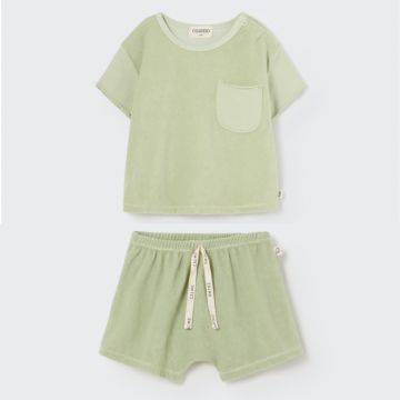 My Little Cozmo Organic toweling baby shirt and shorts green
