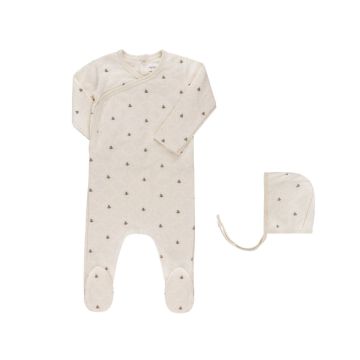 Ely's and Co Jersey Cotton Floral Grid Collection - Ivory/Leaf - Footie + Bonnet