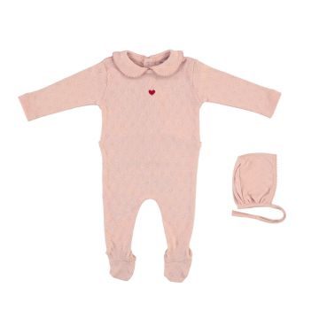 Bebe Organic Bebe Heart Collar Overall/Bonnet Blush Red Heart Pointelle