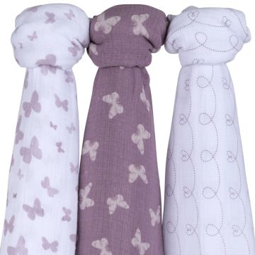 Ely's & Co Muslin Swaddles 3 Pack Butterfly set in Lavender Purple