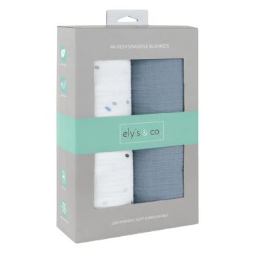 2 Pack Cotton Muslin Swaddle Set - Blue Dots & Solid Blue