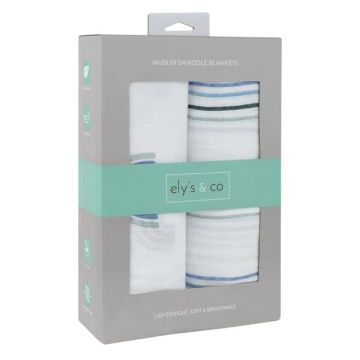 Ely's & Co 2 Pack Cotton Muslin Swaddle Set - Blue Rainbow + Stripes