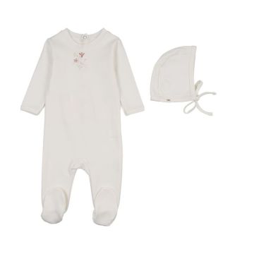 Bonne Bonne My Little Flower Footie & Hat Set Ivory/Rose