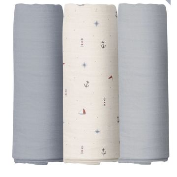 Elys and Co 3 pack Muslin Swaddles - Nautical + 2 Blue Solids
