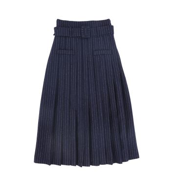 Valentina Pinstriped Buckle Pleated Midi Skirt 