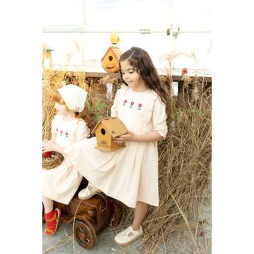 Nou Nelle Pleated Peach Embroidered 3/4 Sleeves Dress