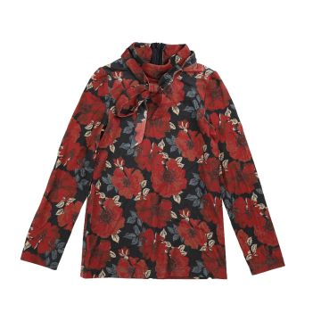 Noma Flower Printed Mockneck Shell with Neck tie Navy