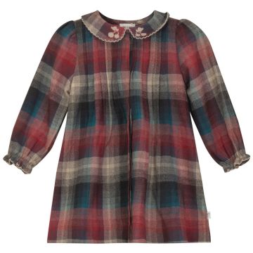Pompomme EMBROIDERED TRIM PLAID DRESS Blue/Brick