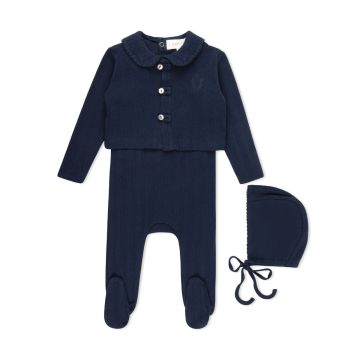 Lamour Lou Variegated Ribbed Romper, Cardigan and Hat Set Navy