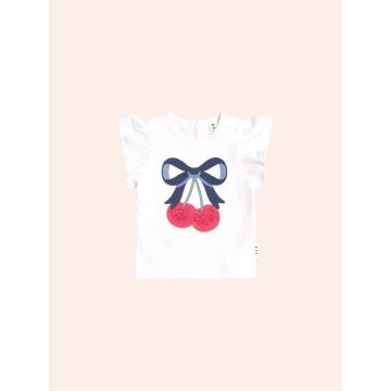 HUXBABY CHERRY BOW FRILL SLEEVE TEE WHITE