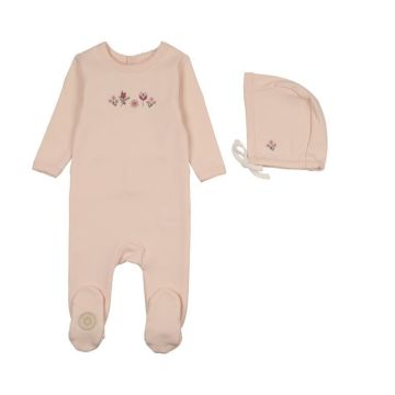 Mon Tresor Embroidered Garden Girls Footie & Hat Set Barley Pink