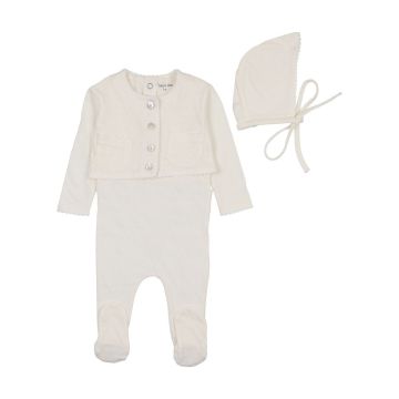 Bee and Dee Perfect Pointelle Outfit Romper with Bonnet and Cardigan