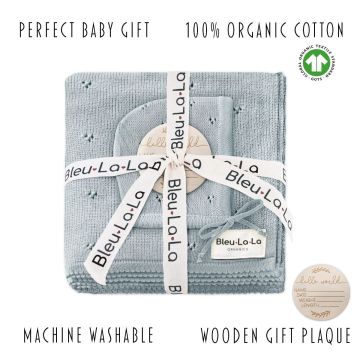 Bleu la la knit pointelle blanket and bonnet gift set dusty blue