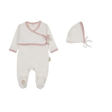 Mon Tresor Scalloped Wrap Cardigan Footie & Hat Set 