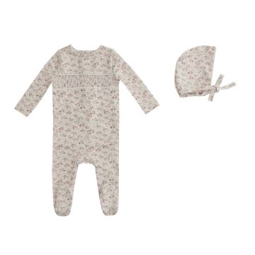 Mini Label Smocked Floral Footie and Bonnet