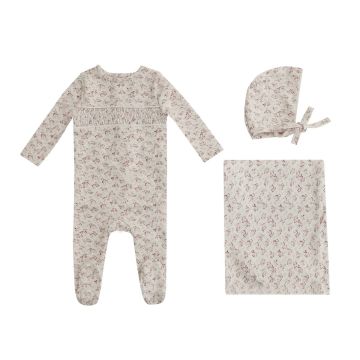 Mini Label Smoked Floral Footie Bonnet and Blanket 