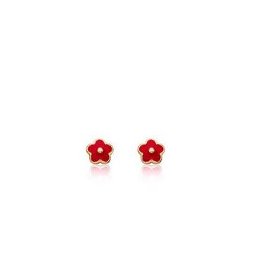 LMTS Frosted Flowers Red Enamel 14K Gold Plated Flower Stud Earring/Brass