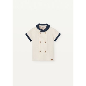 Popelin Navy Blue Linen Shirt With Sailor Collar