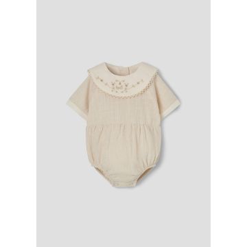 Popelin Off-white Romper Suit with Embroidered Bib Collar