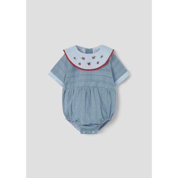 Popelin Blue Romper Suit with Embroidered Bib Collar
