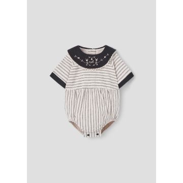 Popelin Black Striped Romper Suit with Embroidered Bib Collar