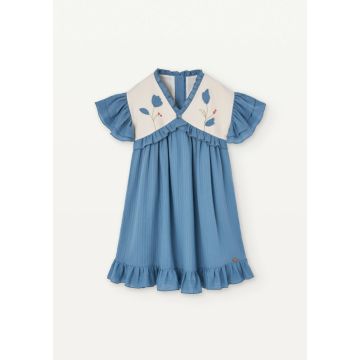 Popelin Blue Dress With Embroidered Yoke and Appliqué