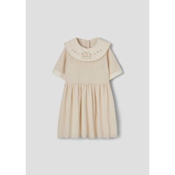 Popelin Off-white Dress with embroidered Bib Collar