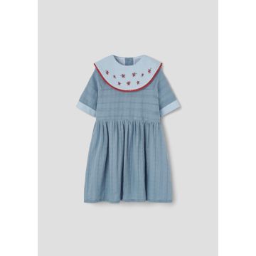 Popelin Blue Dress with Embroidered Bib Collar