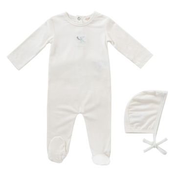 Kipp Baby Blue Metallic Embroidered Romper + Bonnet Set