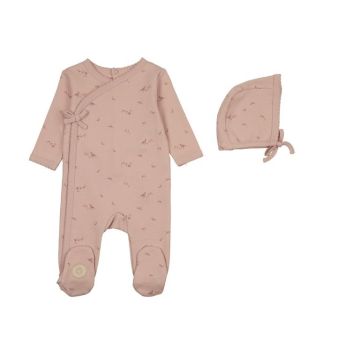 Mon Tresor Vintage Bird Wrap Footie & Hat Set Pink Whip