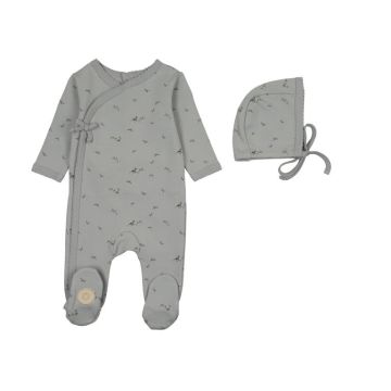 Mon Tresor Vintage Bird Wrap Footie & Hat Set Blue Saphire