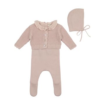 Waffle Ensemble Ribbed Knit Footie with Bonnet & Waffle Cardigan