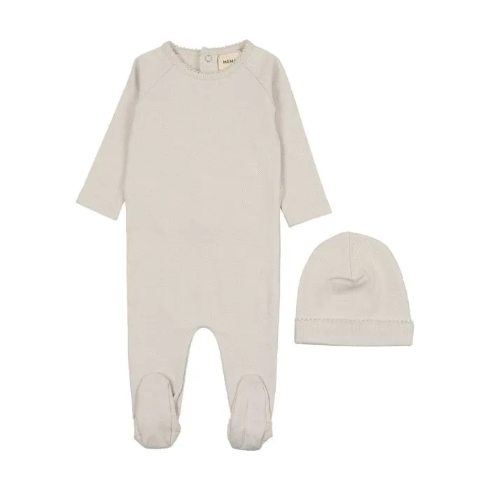 Mema Knits Raglan Polka Dotted Footie + Beanie - Cloud Mema Knits Raglan Polka Dotted Footie + Beanie - Cloud