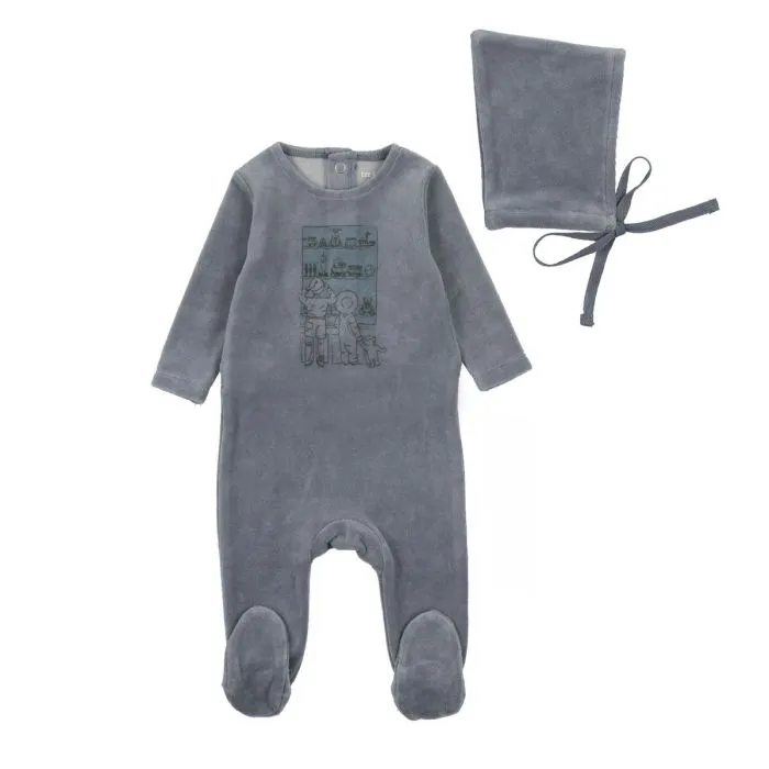Bee & Dee Velour Window Footie with Beanie - Dusty Blue Bee & Dee Velour Window Footie with Beanie - Dusty Blue