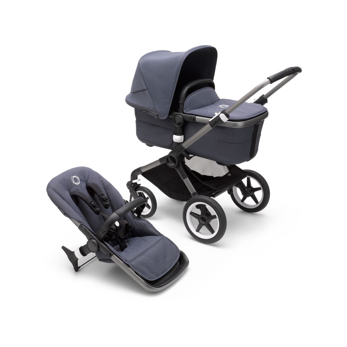 Fox 3 Complete Stroller Graphite Base /Stormy Blue Fabric & Sun Canopy (In Stock Ships Fast!)